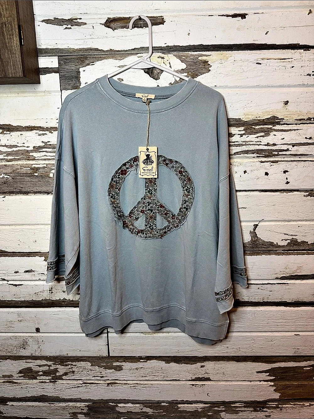 Easel Mineral Washed Terry Floral Peace Sign Pullover Blue Medium